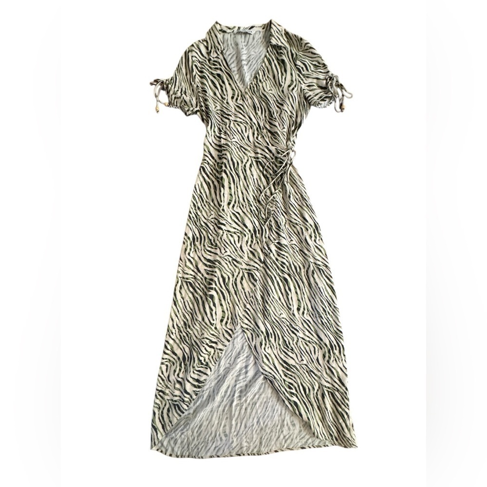 ZARA Animal Print Wrap Dress ECRU/KHAKI - Picture 9 of 13